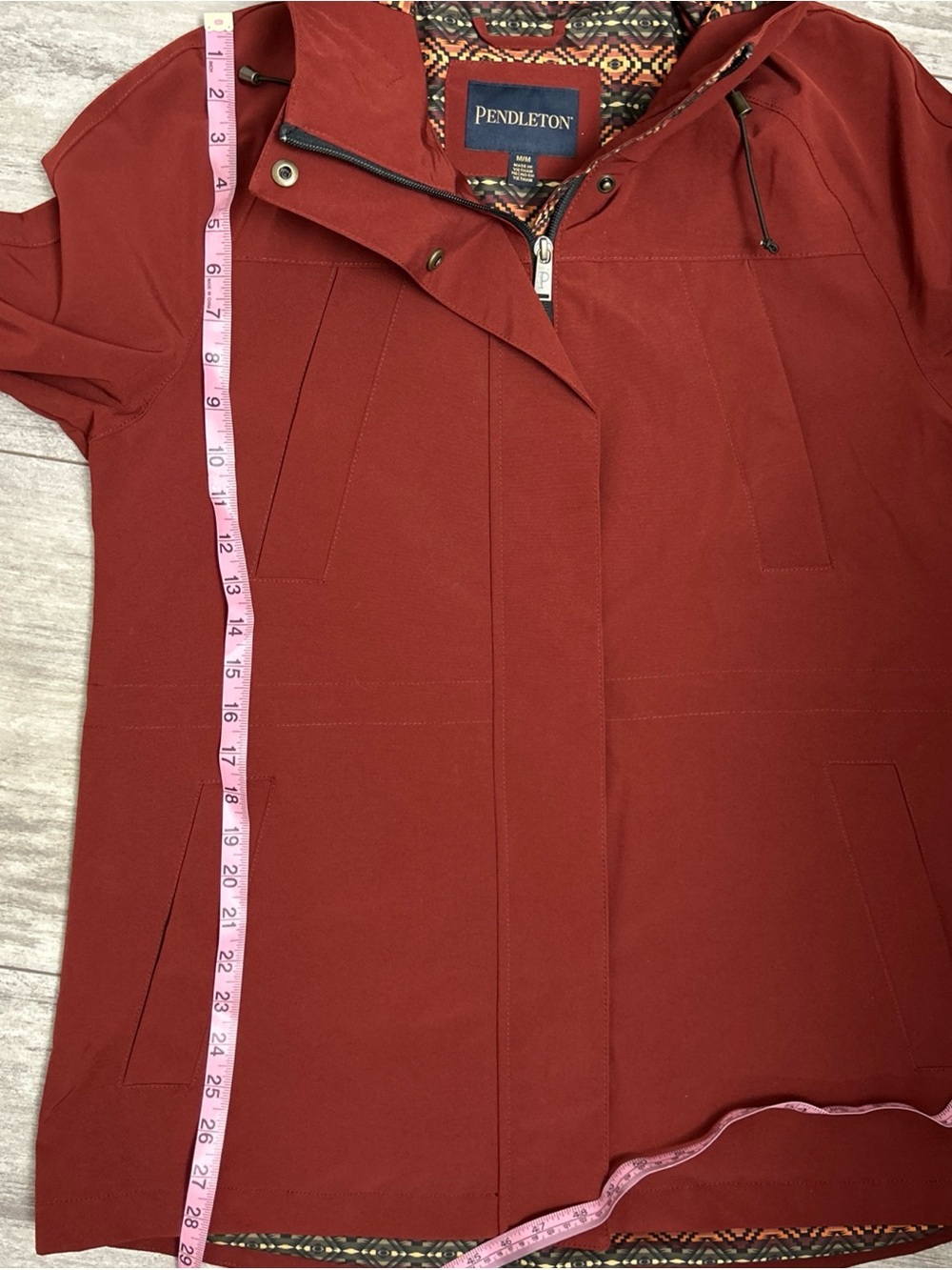 Pendleton Womens M Hooded Rain Jacket Merlot Red Geometric Aztec Lining - Picture 12 of 14